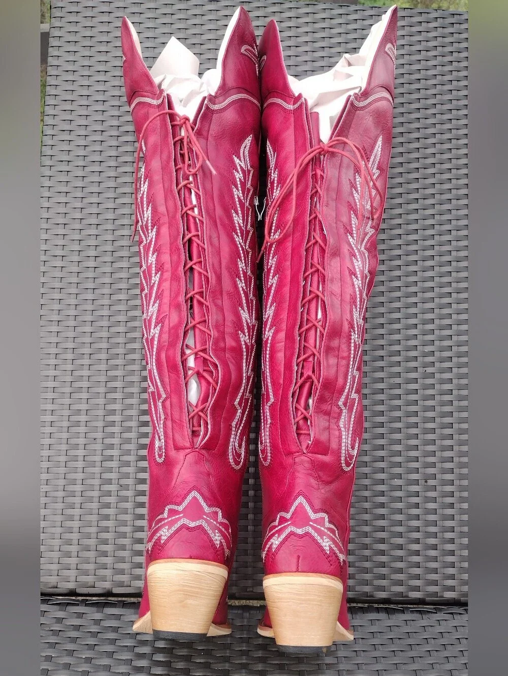 Red Over-the-Knee Western Cowboy Boots Lace-Up Snip Toe 7.5